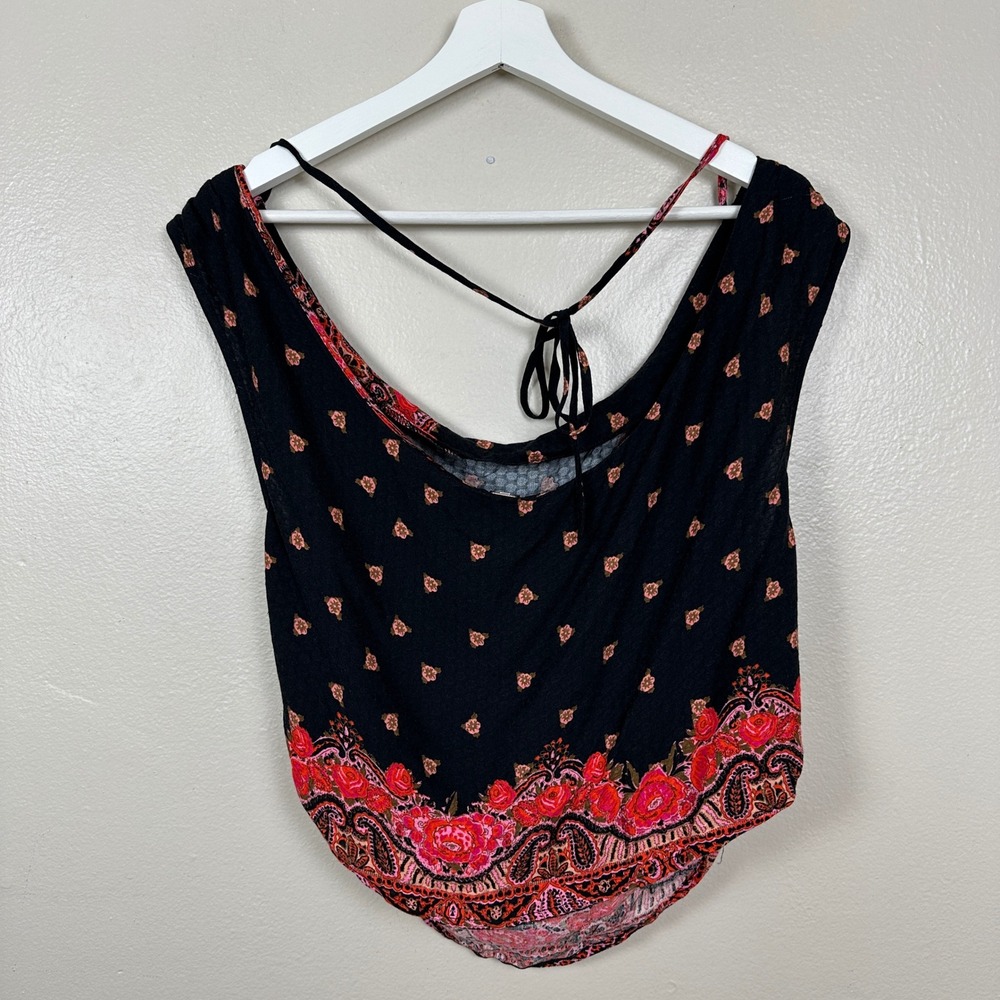 Free People Women's XS Crop Top Black Floral Paisley Tie Back Boho OB1644084